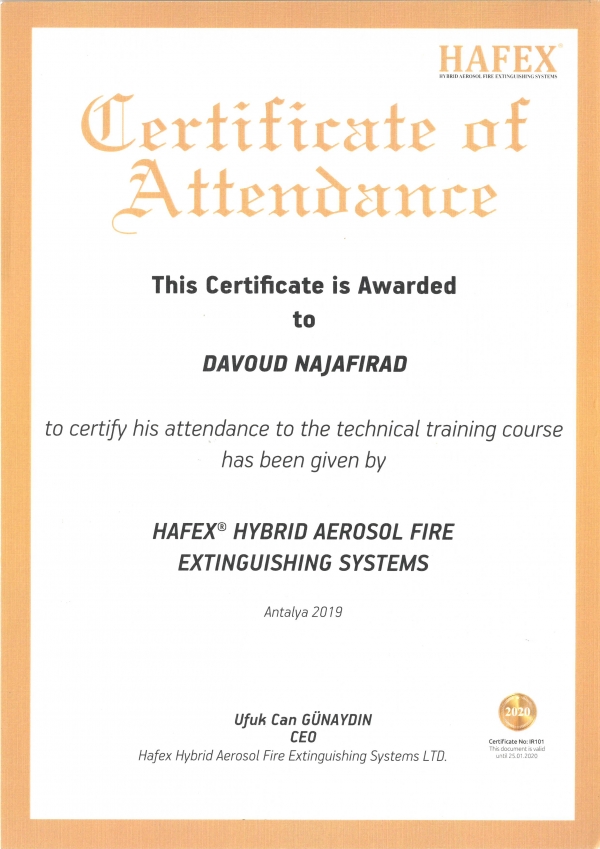 گواهینامه حضور در دوره فنی سیستم اطفاء حریق
