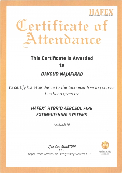 گواهینامه حضور در دوره فنی سیستم اطفاء حریق